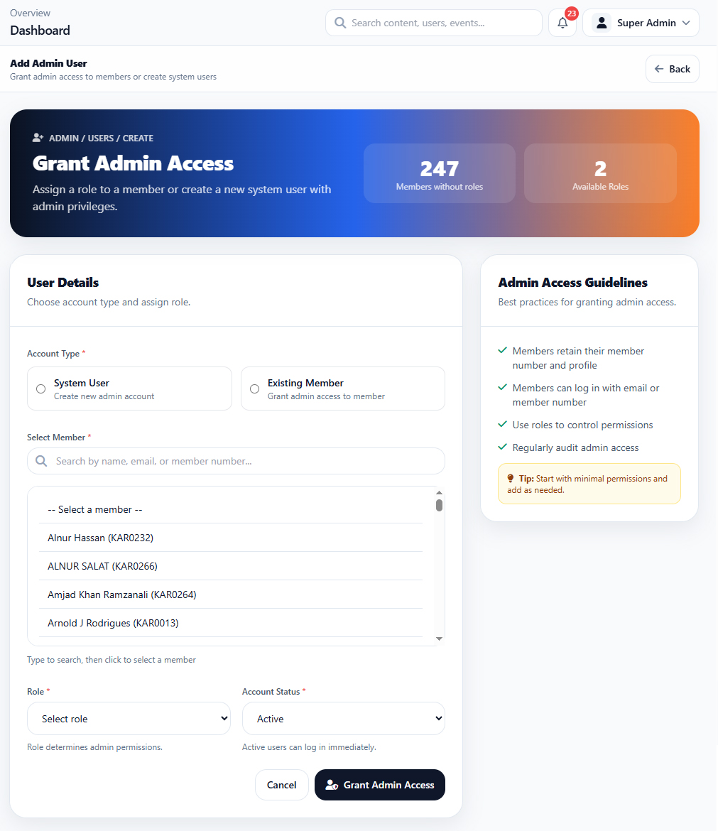 Users & Roles Add Users interface